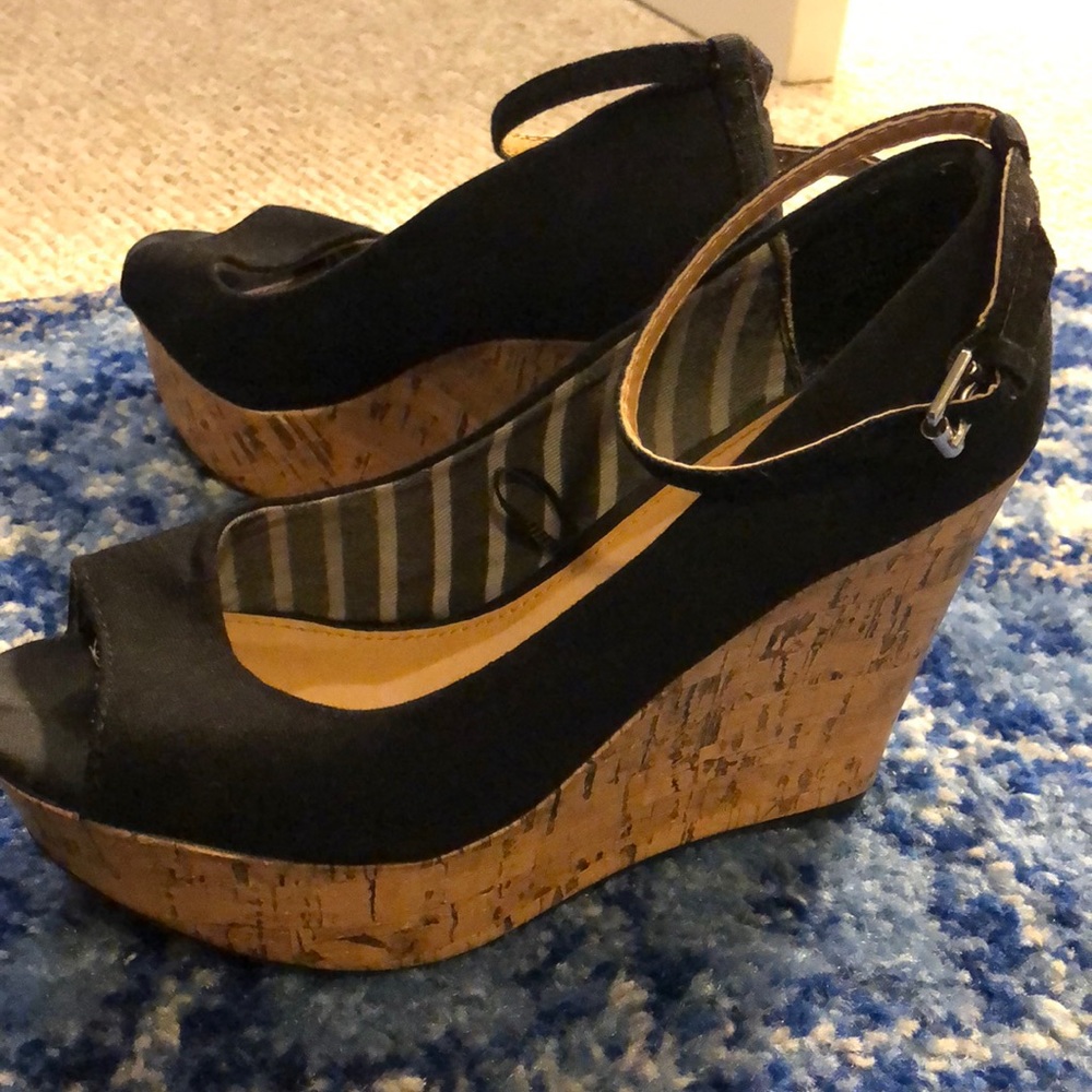 Open toed black cork wedges